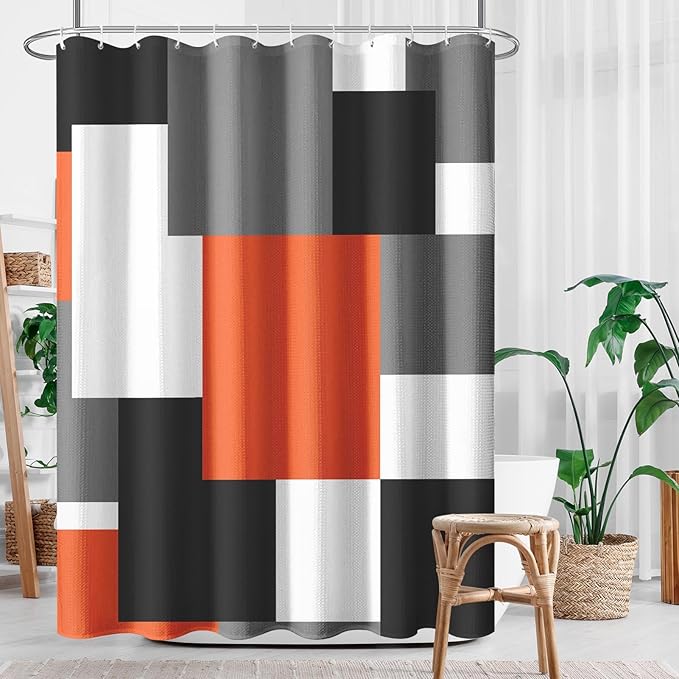 Culudea Geometric Orange White Shower Curtain Set, Black and Gray Modern Bathroom Window Waterproof Shower Curtain Set for Bathroom Decor