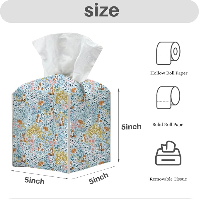 Tissue Box Cover, Tissue Box Holder, Square with Belt Bottom, PU Leather Decorative Organizer for Desk, Tabletop, Countertop Bathroom, Toilet Car, Bedside, Dresser Kitchen, Squirrel Flower Tree Decor