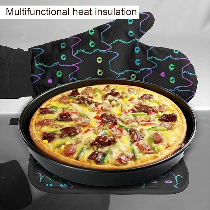 Cute Cat Silhouettes Oven Mitts and Pot Holders Insulated Gloves & Kitchen Counter Safe Mats for Cooking BBQ Baking Grilling (2-Piece Set)