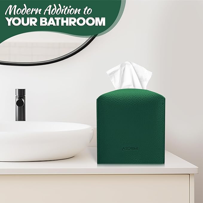 Tissue Box Cover Holder, PU Leather Tissue Box Cover Square with Bottom Belt, Cube Tissue Holder for Bathroom, Modern Organizer for Car, Office, Tabletop (Green., 14 Leather Patterns)