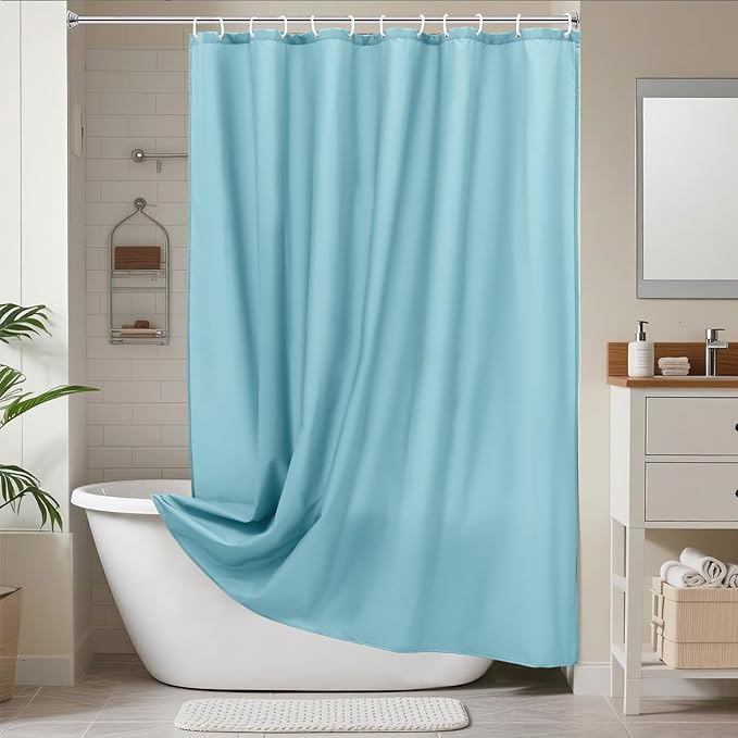 AooHome Extra Long Shower Liner, Fabric Bathroom Curtain with Hooks for Hotel, Weigthed Hem, Waterproof, 72 x 84 Inch, Blue