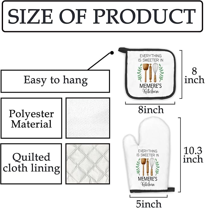 Memere Gifts Oven Mitts and Pot Holders Sets, Gifts for Memeres from Grandkids Kitchen Decor Accessories Sets, Sweeter Memere's Kitchen Heat Resistant Oven Glove Potholders for Kitchens Cooking