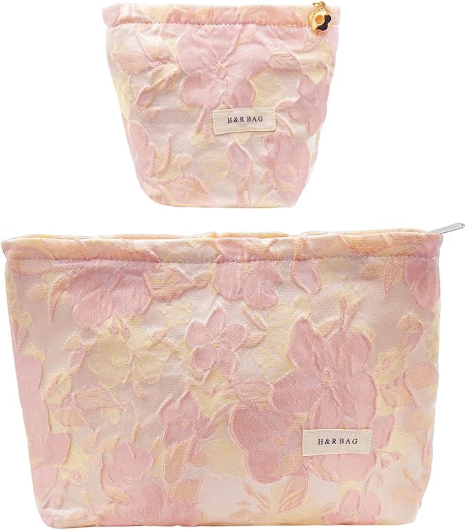 getgto 2 Pcs Makeup Bags, Large Cosmetic Bag Travel Toiletry Bag Organizer for Women, Embroidery Craft, Floral Makeup Bag Small Cosmetic Pouch Purse with Zipper Gifts for Girls Teen