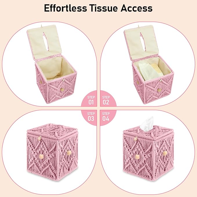 KaloKalo Handmade Tissue Box Cover Decorative Macrame Boho Square Tissue Holder Cotton Rope Woven Napkin Facial Paper Organizer Bohemian Desk Storage Container with Buckle Wood Beads (Pink)