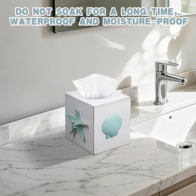 Tissue Box Cover Square, Beach Tissue Box Holder with Slide-Out Bottom, Decorative Wooden Wall Mounted Starfish Tissue Holder for Desktop Nightstand Bathroom Office, Modern Beach Home Decor