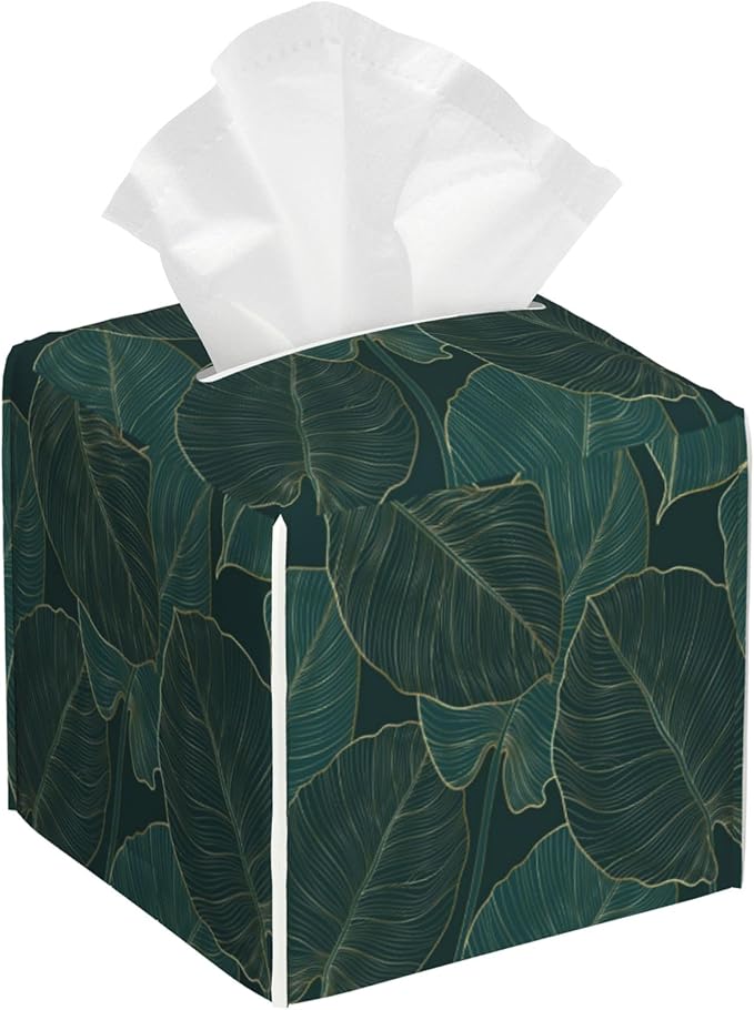 BLYKVGHQ Tropical Green Leaves Tissue Box Cover Square, Golden Line Art Tissue Box Holder with Bottom Belt Leather Facial Paper Organizer Dispenser for Bathroom Bedroom Dresser Night Stand Tabletop