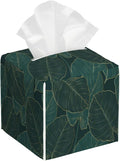 BLYKVGHQ Tropical Green Leaves Tissue Box Cover Square, Golden Line Art Tissue Box Holder with Bottom Belt Leather Facial Paper Organizer Dispenser for Bathroom Bedroom Dresser Night Stand Tabletop