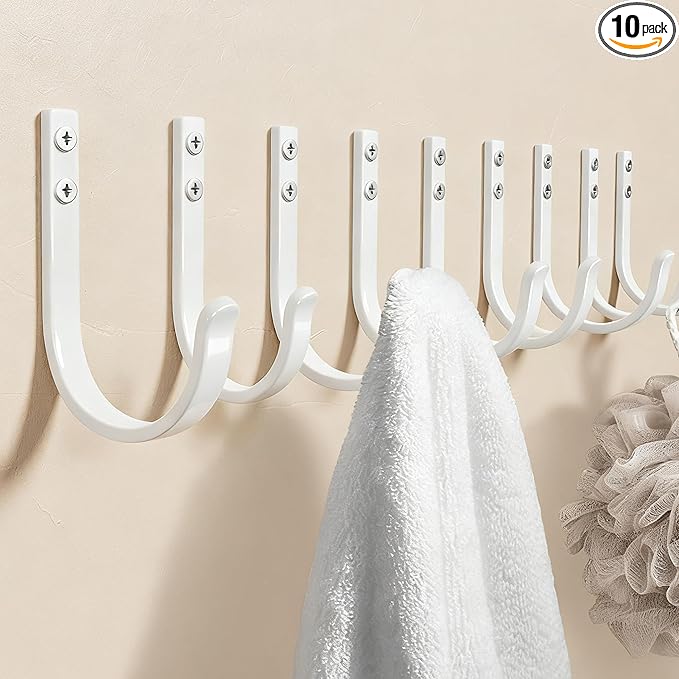 Josmimic 10-Pack Wall Hooks for Towel/Coat - 22LB Heavy Duty Metal Hanger Wall Mount, for Outdoor, Closet, Door, Shelf, Bathroom, for Backpack, Cup, Clothes, Mug, White Matte Screws Included
