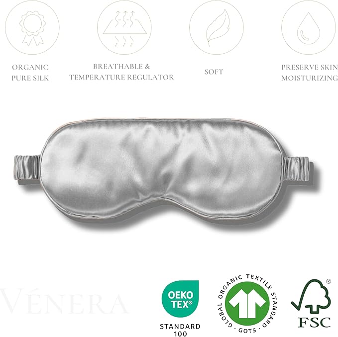 VÉNERA Silk Eye Mask - 100% Pure Mulberry 22 Momme Silk Sleep Mask (Silver Gray)