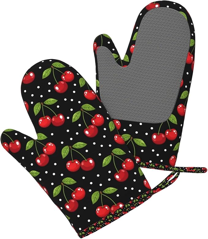 Heat Resistant Oven Mitts 2 Pack, 500°F Silicone Oven Gloves with Non-Slip Grip, Soft Quilted Cotton Lining for Baking, Grilling, BBQ, Cooking (Cherry)