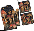 Oven Mitts and Pot Holders Sets of 4 Mushroom Vintage Botanical Kitchen Potholder Gloves Heat Resistant Non-Slip for Chef Baking Cooking Grilling BBQ Mittens