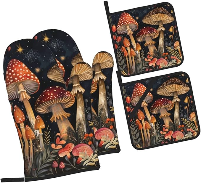 Oven Mitts and Pot Holders Sets of 4 Mushroom Vintage Botanical Kitchen Potholder Gloves Heat Resistant Non-Slip for Chef Baking Cooking Grilling BBQ Mittens