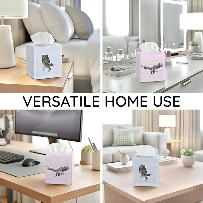 EmbroideryLinen.VN Tissue Box Cover Set of 2, Square Linen Tissue Holder, Printed Animal Pattern, 4.5x4.5x5.5 Inches, Decorative Holder for Bathroom, Living Room, Office (Eagle)