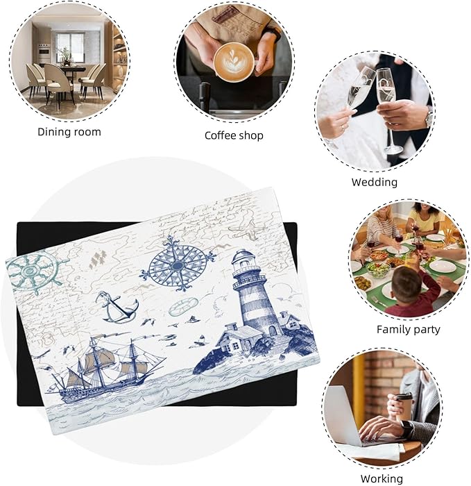 Nautical Placemats, Simple Hand Painted Blue Ocean Sailboat Map Lighthouse Compass Print Washable Fabric Placemats Table Kitchen Dining Party 12x18 Inch Set of 6