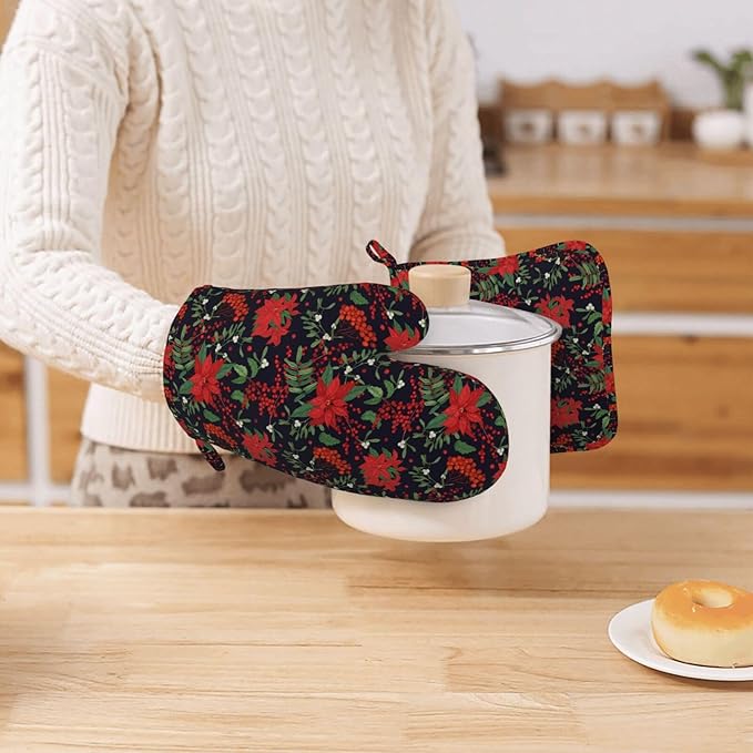 Oven Mitts Pot Holders Set Red Poinsettia Flower Christmas Xmas Silicone Kitchen Gloves Potholders Heat Resistant for Chef Baking Cooking Grilling BBQ 4 Pack Mitt