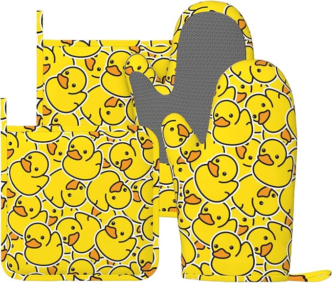 Cute Duck Kawaii Cartoon Oven Mitts And Pot Holders Set Of 4 Silicone Heat Resistant Oven Mitten Potholders Non Slip Gloves Kitchen Decor For Bbq Cooking Grilling Baking
