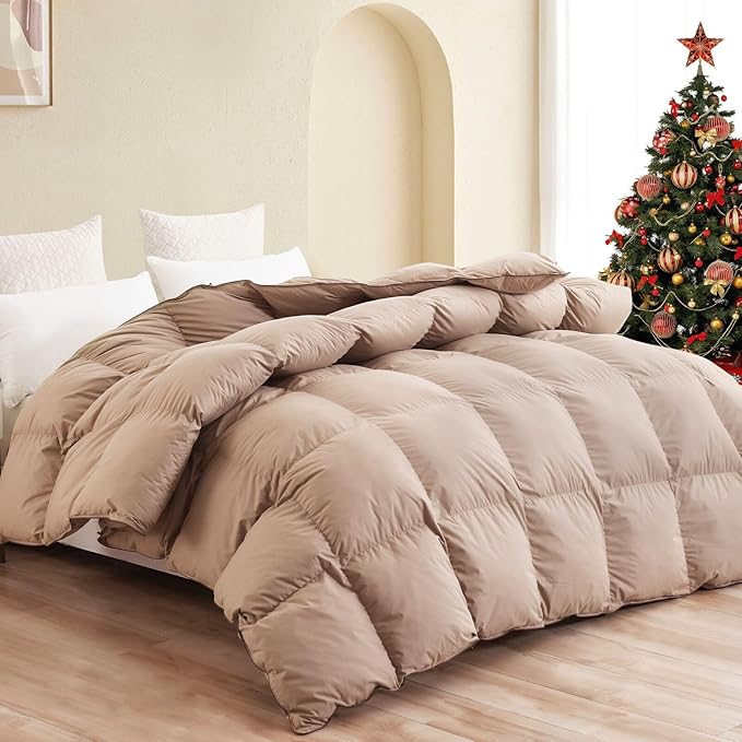 SNOWMAN Premium Down Comforter Queen Size, Luxurious All Season Duvet Insert with Cotton Blended Fabric, 3D Baffle Box Design Hotel Bedding Comforter (Khaki,90"x90")