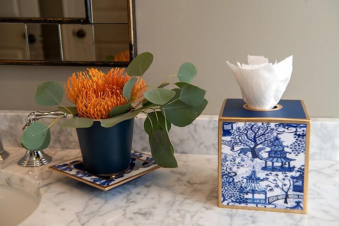Jaye’s Studio Garden Party Line, Decorative Tissue Box Cover, White & Taupe, Gold Trim, Enameled, Handcrafted Metal, Luxury Tissue Holder, Size 6x5x5