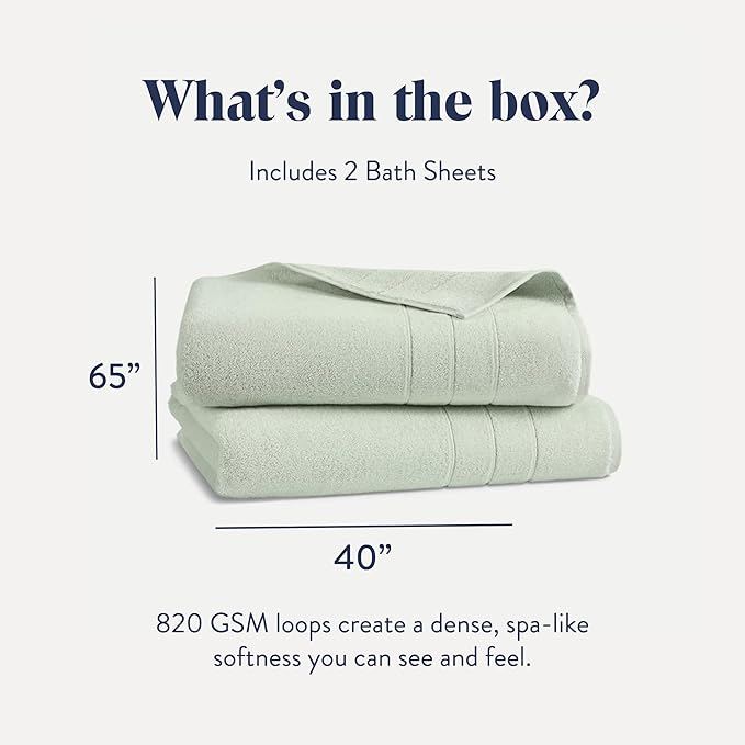 Brooklinen Super-Plush Turkish Cotton Bath Sheets - Set of 2 - Cotton, 820 GSM, Highly Absorbent, Machine Washable, Perfect for Home & Bathroom (40" x 65", Aloe Green)