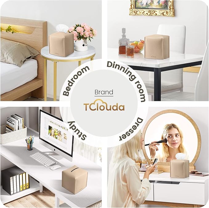 Tissue Box Cover, Tclouda, Modern PU Leather Square Tissue Box Holder for Creative Decorative, 2 Pack, Ideal for Bathrooms/Office/Car/Nightstand/Outdoor Tent/Dining Table, 5"X5"X5", Double Beige