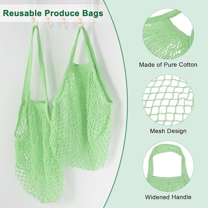M METERXITY 2-Pack Cotton Mesh Bag, Reusable Washable Mesh Net String Grocery Bags, Reusable Produce Bags with Handle, Net Tote Bag for Fruits/Vegetables Shopping [Avocado, Long&Short Handle]