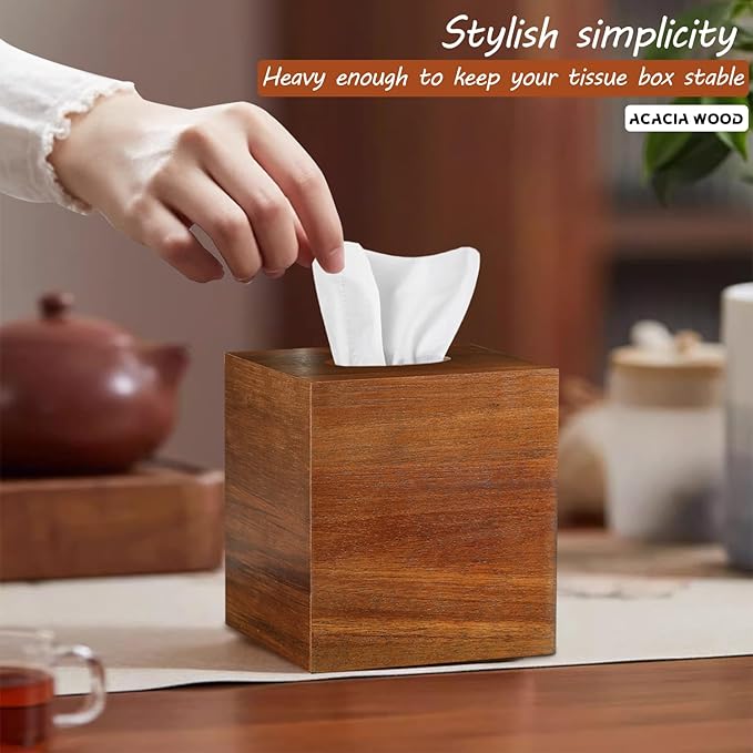 BIBELUN Square Tissue Box Cover,Acacia Wood Tissue Box Holder for Desktop Nightstand Bathroom Office,Decorative Facial Tissue Cube Box Cover/Organizer for Modern Home Decor