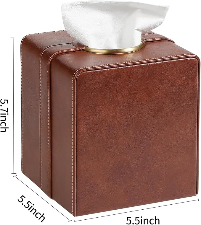 Cretkhp Luxury Square Tissue Box Cover, PU Leather Tissue Box Holder with Magnetic Closure and Gold Decorative Grommets for Bathroom Bedroom, Decorative Elegant Cube Tissue Holder (Brown)