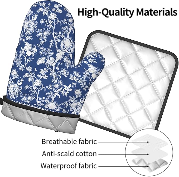 Blue White Floral Oven Mitts and Pot Holders Sets,Chinoiserie Oven Mitts for Kitchen Decor,Vintage Bohemian Style Heat Resistant Oven Glove Potholders for Baking Cooking BBQ