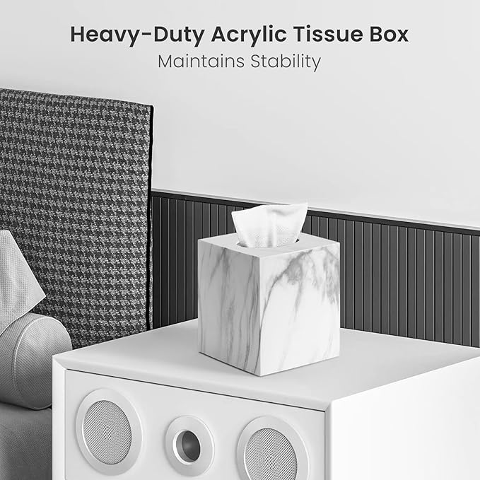 Square Tissue Box Cover, Marble Modern Facial Paper Holder, Cube Acrylic Tissue Holder Accessories for Bathroom Vanity Countertop, Bedroom Dresser, Night Stand, Desk, Office
