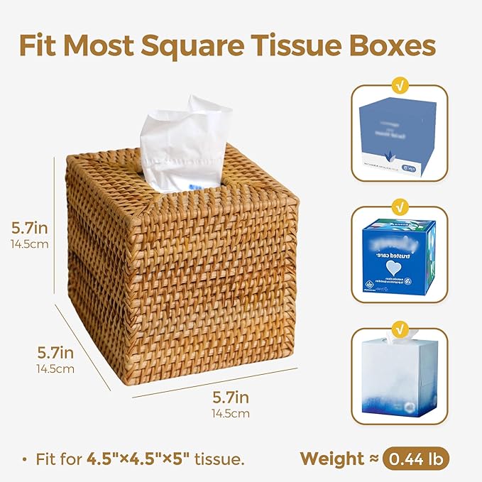 KALEKAIL Rattan Tissue Box Cover, Wicker Tissue Box Holder Square, Boho Decorative Woven Rattan Tissue Holders for Bathroom Living Room Kitchen, Natural