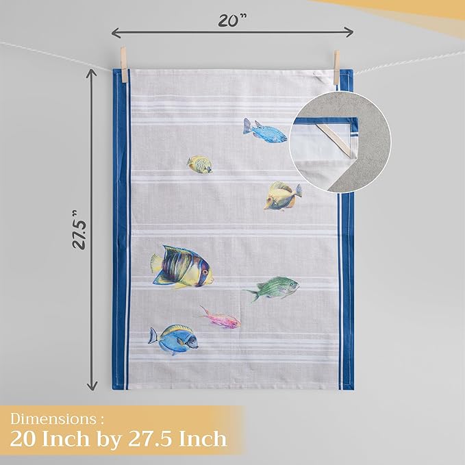 Maison d' Hermine Kitchen Towels Set of 3 100% Cotton 27.50" x 20" Reusable Cloth Tea Dish Towels Absorbent with Hanging Loop for Kitchen, Home, Dining, Cocktail Parties Spring/Summer (Poisson)