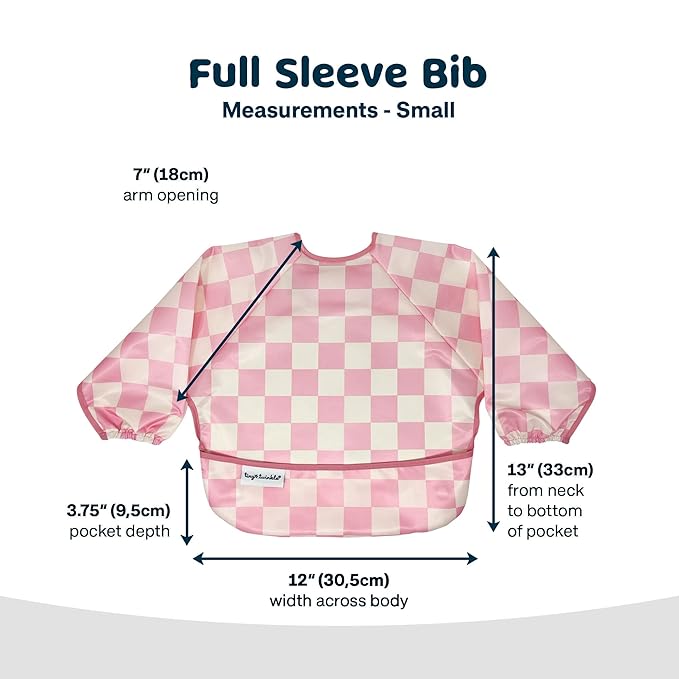 Tiny Twinkle Long Sleeve Bib for Babies & Toddlers | 2-Pack Waterproof Smock Bib for Eating | Machine Washable & Mess-Proof Feeding Essentials | Newborn Shower Gift (Pink,Beige Checkers, 6-24M)