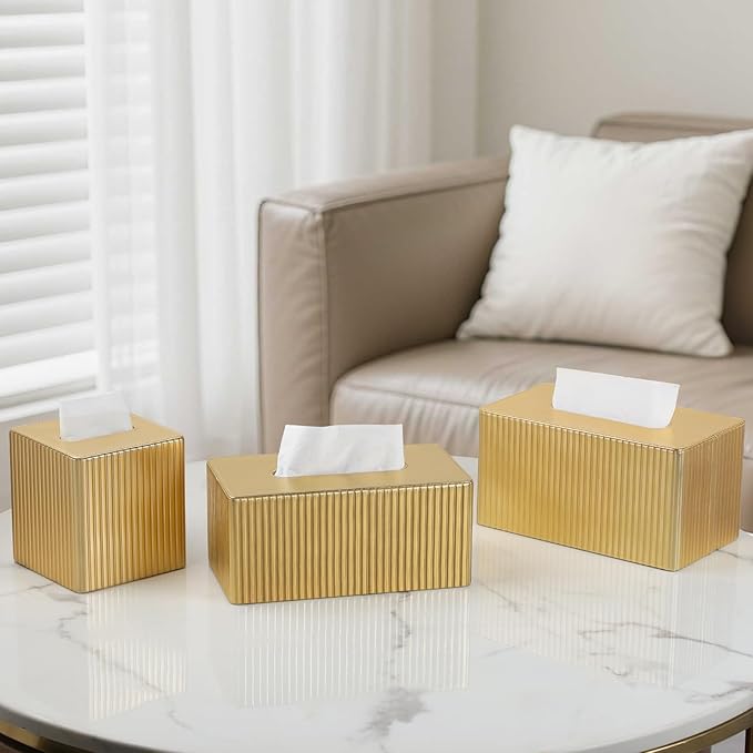 MEIBOOCH PU Leather Tissue Box Cover Square, Rectangle Tissue Box Holder with Magnetic Closure, Decorative Tissue Holder for Bathroom Bedroom Office (Gold, Rectangle for 180 to 230 Count Tissues)