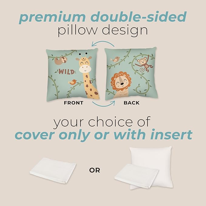 Kids Safari Throw Pillow - 18" x 18" - Double-Sided Printing - Cover Only - Kids Bedroom Accent Pillow - Nursery Decor - Printed in USA
