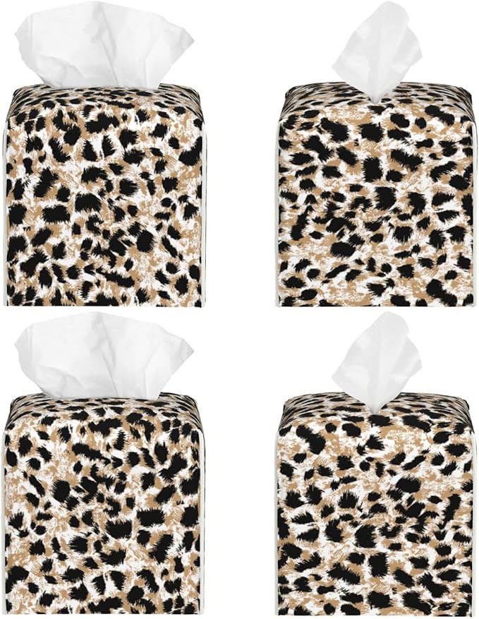 PVC Tissue Box Cover Holder,Leopard Square Decorative Organizer,5.2"X5.2"X5.2" Tissue Case for Bathroom, Tabletop, Car, Office