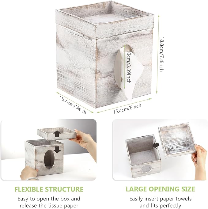 Tissue Box Cover, White Washed Solid Tissue Box Cover with Storage Tray Square Tissue Box Covers Holder for Bathroom, Bedroom, Dinner Table, Office, Tabletop 6" x 6" x 7.4"