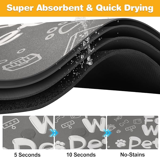 Pet Feeding Mat,Dog Cat Mat for Food and Water,Dog Bowl Waterproof Placemat with Rubber Backing,Absorbent Quick Dry Water Dispenser Mat for Pet（Dark Gray 17"×29"）