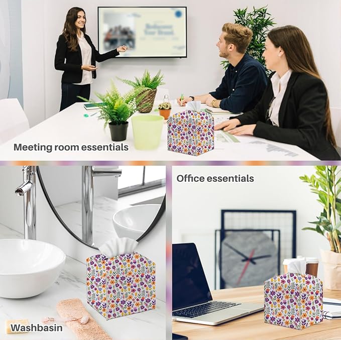 Tissue Box Cover, Tissue Box Holder, Square with Belt Bottom, PU Leather Decorative Organizer for Desk, Tabletop, Countertop Bathroom, Toilet Car, Office, Dresser Bedside, Aesthetic Plant Flower Decor