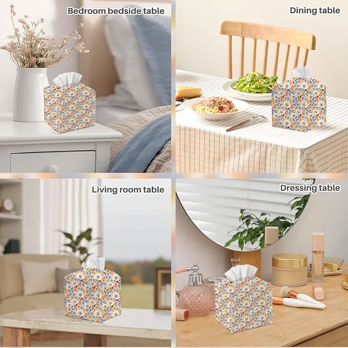 Tissue Box Cover, Tissue Box Holder, Square with Belt Bottom, PU Leather Decorative Organizer for Desk, Tabletop, Countertop Bathroom, Toilet Car, Office, Dresser Bedside, Aesthetic Flower Decor