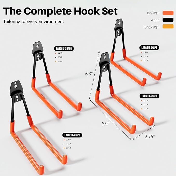 Wallavant Garage Hooks Heavy Duty 6 Pack Utility Wall Mount Storage Hangers with Extension Cord Holder Organizer for Power Tool Garden Tool Ladder Hose and More