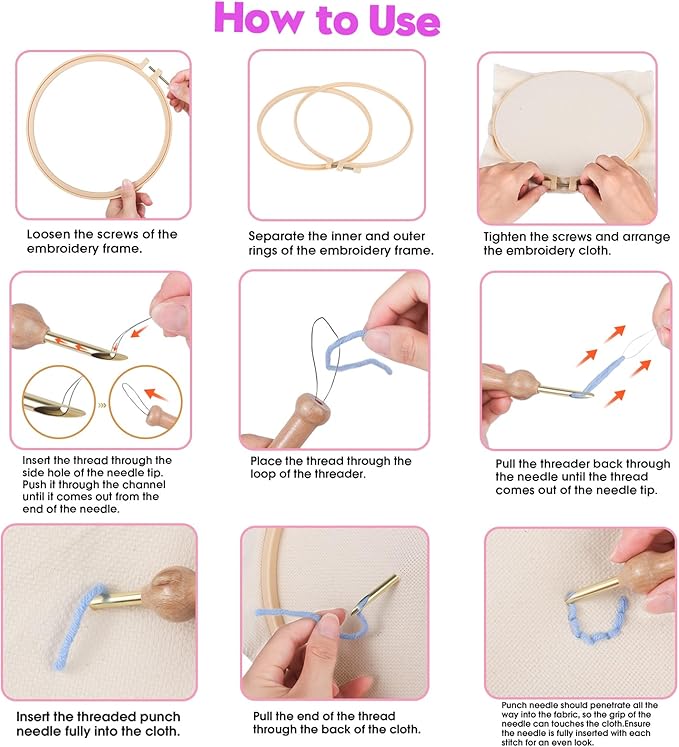 Cheloment 3 Sets Punch Needle Kits for Beginners,Includes Needles,Pattern Fabric,Yarns and Hoops, Needle Punch Kits for Adults&Kids,Easy to Learn,Stress Relief,Great for Home Decor