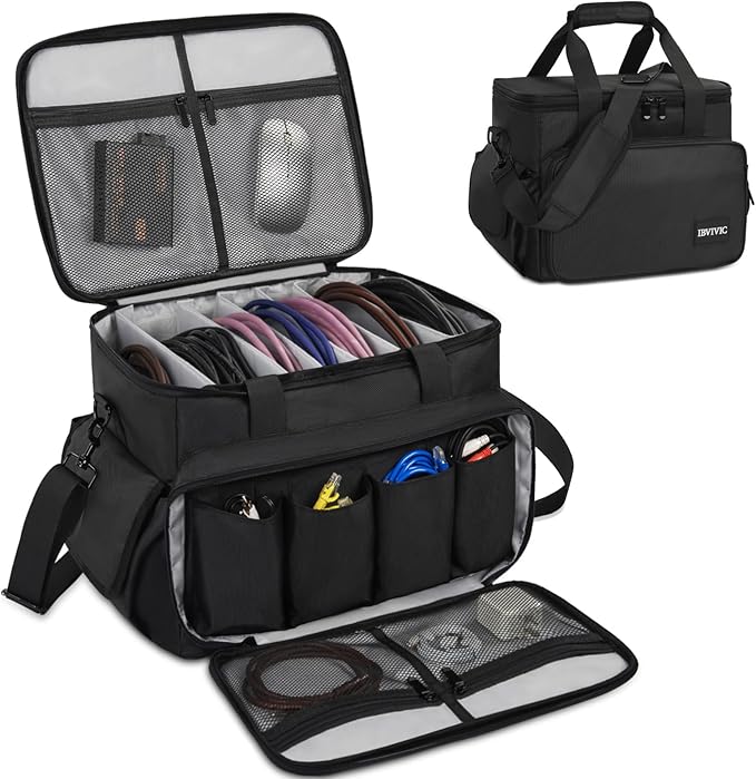 IBVIVIC DJ Cable File Bag with 6 Detachable Dividers High Capacity Gig Cable Bag for Cords, DJ Gear, Sound Instrument and Accessories, Grey