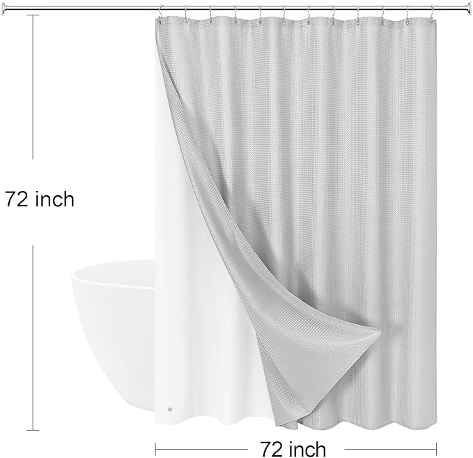 Craidlela 3 in 1 Shower Curtain Set, Light Grey Waffle Shower Curtain and PEVA Liner Set with 12 Stainless Steel Shower Curtain Hooks, Waterproof Shower Curtains for Bathroom, 72 W x 72 H