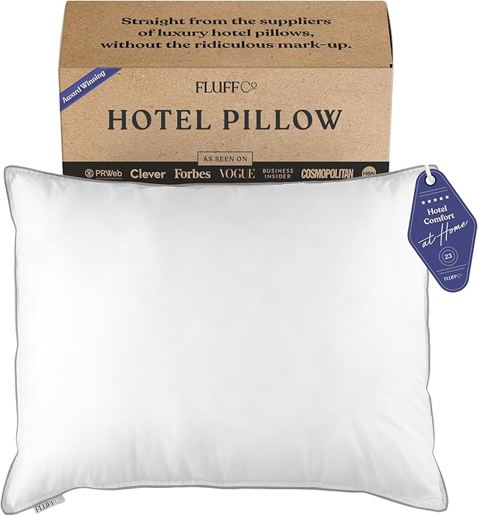 FluffCo Zen Fluff™ Down Standard/Queen Pillow with 600 Fill Power White Duck Down Stomach Sleeper Pillows - Luxury Hotel Quality 300 Thread Count - 100% Cotton Feather Pillows (Queen Size 1 Pack)