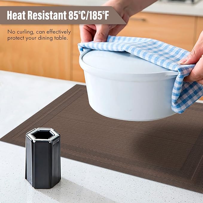 Winknowl Placemats Set of 8，Heat Resistant Woven Vinyl Washable PVC Place Mats，Non-Slip Stain Resistant Indoor/Outdoor Table Mats for Dining Table (Brown)