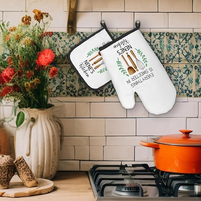 Nene Gifts Oven Mitts and Pot Holders Sets, Gifts for Nenes from Grandkids Kitchen Decor Accessories Sets, Sweeter in Nene's Kitchen Heat Resistant Oven Glove Potholders for Kitchens Cooking