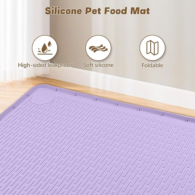 Bartuke Cat Food Mat, 34" x 22" Large Silicone Pet Feeding Mat for Food and Water Bowls Non-Slip, Easy to Clean (Purple)