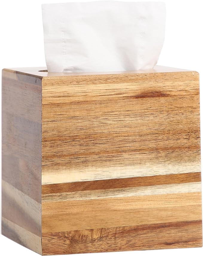 CATORY Tissue Box Cover, Acacia Wood Tissue Box Cover Square, Rustic Tissue Box Holder Covers Your Tissues, Decorative Tissue Cube Box Cover with Slide-Out Bottom