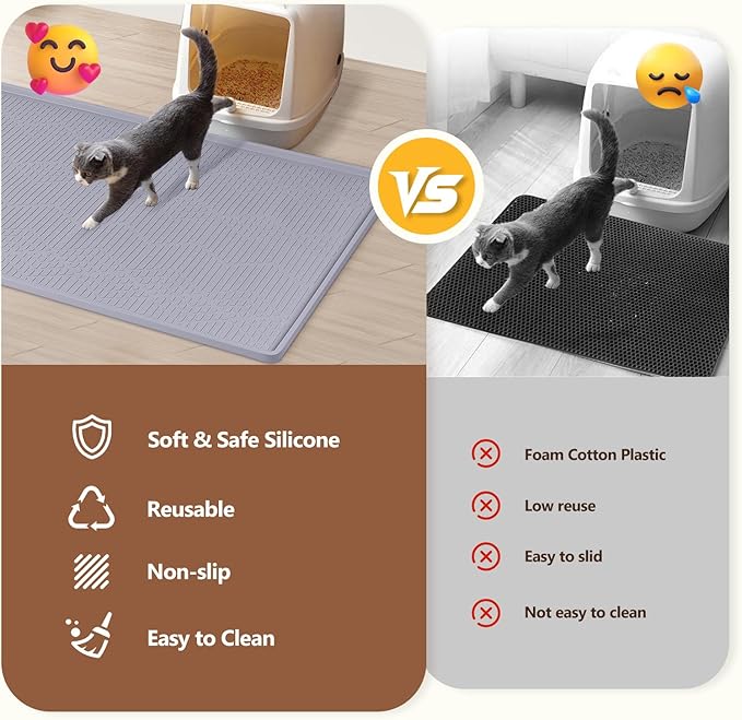Bartuke Large Cat Litter Mat with Toy Ball, 34'' x 22'' Silicone Cat Litter Trapping Mat for Scatter Control, Soft on Kitty Paws, Easy to Clean (Light Grey)