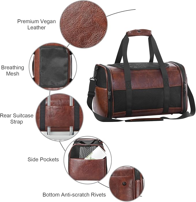 Monanller Fashion Leather Dog Carrier, Airline Approved Cat Carrier Soft Sided Pet Bag Carrier Purse for Puppy Kitten Small Animals Coffee